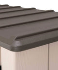 Close-up of roof detail on Vertical Storage Shed Desert Sand With Lockable Doors And Weather Resistant Resin Panels, 51.25 Cu Ft Interior