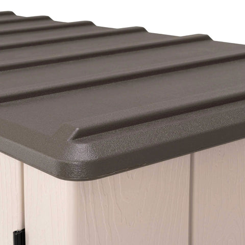 Close-up of roof detail on Vertical Storage Shed Desert Sand With Lockable Doors And Weather Resistant Resin Panels, 51.25 Cu Ft Interior