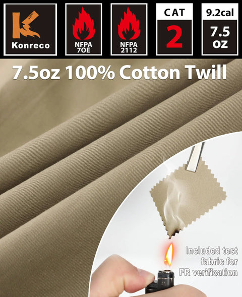 Flame Resistant Long Sleeve Welding Shirt With Pearl Snap Front Heavy Duty Cotton Twill Workwear In Khaki FR Rated Two Front Pockets Adjustable Cuffs Pen Slot 7.5 Oz Mens Size Large fabric and test with flame