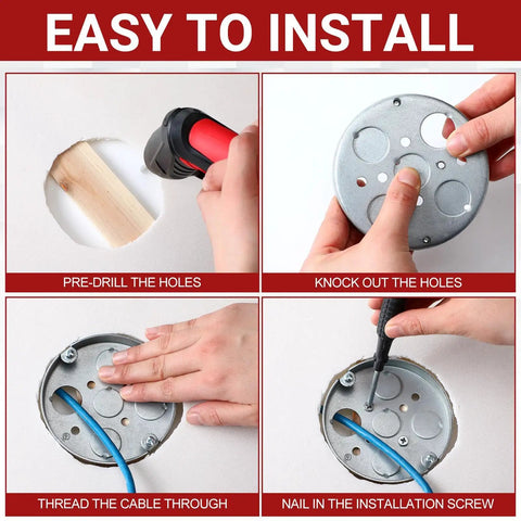 20 Pack 4 Inch Round Shallow Electrical Boxes With Half Deep And Half Bottom Knockouts Galvanized Steel Pancake Box For Ceiling Fans And Lighting Fixtures, Great For Diyers installation steps with tools and hands