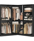 Kick Your Storage Game Up A Notch With This Heavy Duty Wood Corner Closet System Featuring Six Hanging Rods And Two Modular Towers To Build A Spacious L Shaped Freestanding Wardrobe In Sleek Black Finish, displaying organized clothing and accessories.