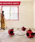 Heavy Duty Three Speed Floor Fan With 156W 550 CFM Air Mover setup in a room for quick drying and cooling, linkable design showcased