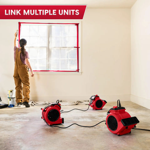 Heavy Duty Three Speed Floor Fan With 156W 550 CFM Air Mover setup in a room for quick drying and cooling, linkable design showcased