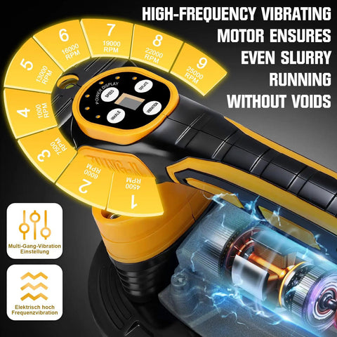 Close-up of a heavy duty tile vibration tool control panel with 9 speed settings, high-frequency motor, suitable for handheld tiling.