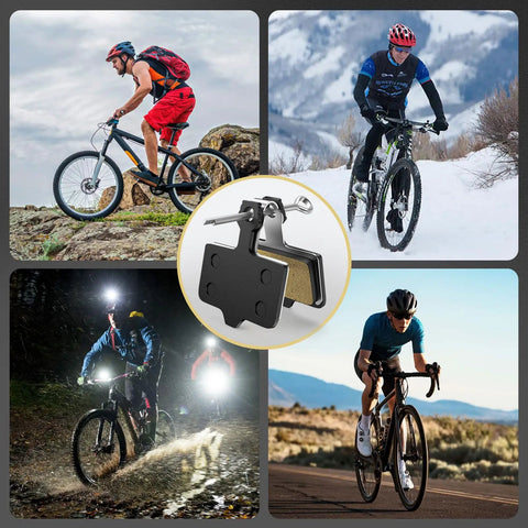 Four Set Universal Disc Brake Pads For MTB And Road Bikes Semi Metallic Low Noise Pads For E Bikes shown with mountain bikers