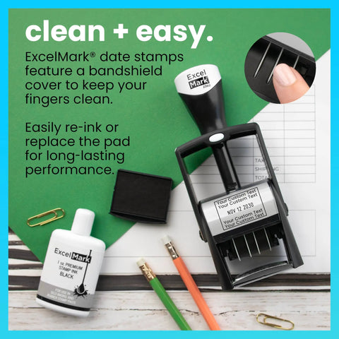 Top Shelf Heavy Duty Self Inking Date Stamp Black Customizable Up To Four Lines Of Text on a green background with ink bottle.