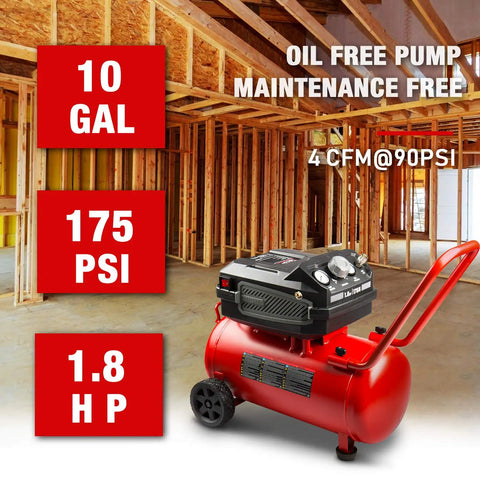 Badass 10 Gallon Oil Free Air Compressor Ultra Quiet 175 PSI Max Portable Shop Pump in workshop with manual controls