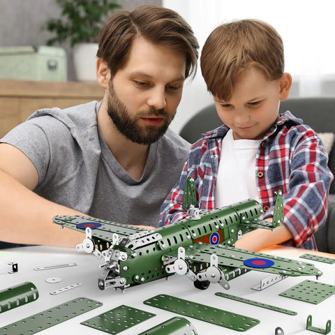 Child and adult assembling STEM Airplane Building Kit With 389 Pieces For Kids Ages 8 To 12 Learn To Assemble A Realistic Model Plane