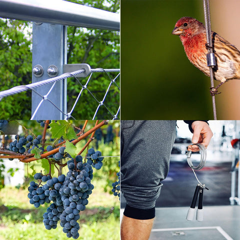 Collage showing uses of One Sixteenth Inch Stainless Steel Wire Rope Aircraft Cable With Crimping Pliers Kit 7x7 Strand Core