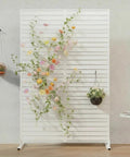 Metal Outdoor Privacy Screen 72 Inch High 47 Inch Wide Freestanding Fence for Patio with flowers and white louvered panels