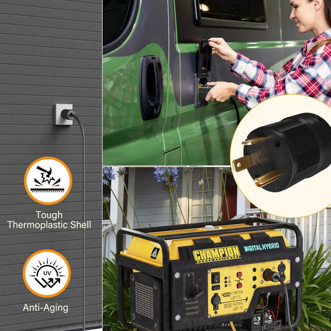 RV Replacement Plug TT30P 30 Amp 125 Volt NEMA Electrical Connector With Grounding being used on trailer camper and generator