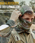 Person wearing Unisex Balaclava Face Mask And Neck Gaiter For Outdoor Adventures Full Head Wrap Cooling Tactical Hood Open Balaclava Scarf Saharan Style Fits 56 To 59 Cm Head Circumference Great For Hiking Cycling Motorsports Under Hats Helmets in camouflage pattern with double stitching close-up.