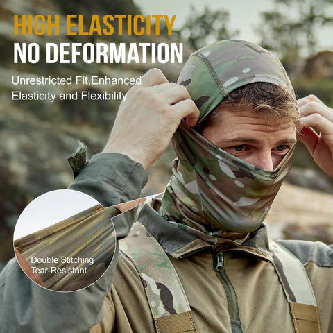 Person wearing Unisex Balaclava Face Mask And Neck Gaiter For Outdoor Adventures Full Head Wrap Cooling Tactical Hood Open Balaclava Scarf Saharan Style Fits 56 To 59 Cm Head Circumference Great For Hiking Cycling Motorsports Under Hats Helmets in camouflage pattern with double stitching close-up.