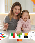 Mother and child using 100 Piece Math Linking Cubes Set in 10 Bright Colors for early math and creativity on a table