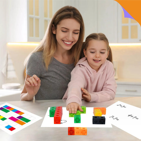 Mother and child using 100 Piece Math Linking Cubes Set in 10 Bright Colors for early math and creativity on a table