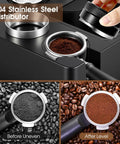 Kickass 58mm Espresso Accessories Kit With Integrated Tamping Station Knock Box Tamper showing 304 stainless steel distributor with ground coffee.