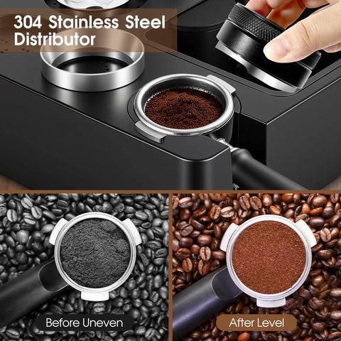 Pro Level 54MM Espresso Bar Setup Knock Box Tamping Station with 304 stainless steel distributor and coffee grounds.