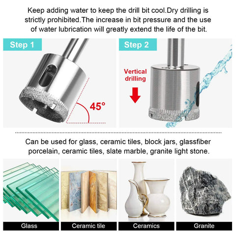 Drilling process with Diamond Hole Saw Set With 7 Pcs Drill Bits And Guide Jig, use on glass, ceramic tile, ceramics, and granite.