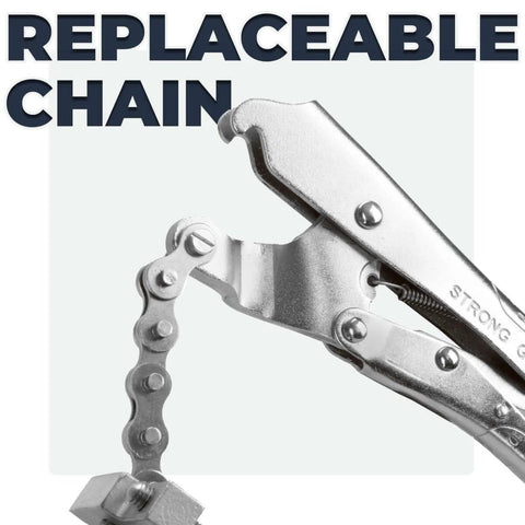 Close-up of Pipe Alignment Chain Pliers Built Tough For Precise Welding, showing stainless steel contacts and replaceable chain.