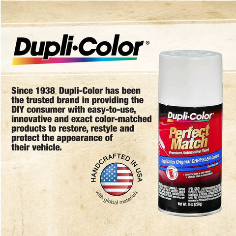 Dupli-Color Perfect Match automotive spray paint for Chrysler, 8 oz can, slogan about color-matched products and DIY use.