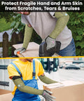 Core Arm Protection Sleeves S081 10 Pairs With Thumbhole used in construction and packing tasks, showing cut and flame-resistant sleeves in action.