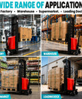 Heavy Duty Semi Electric Pallet Stacker Boasting 3,306 Lbs Capacity And Nearly Eight Feet Lift Height For Smooth Forklift Work In Your Warehouse in factory and warehouse settings.