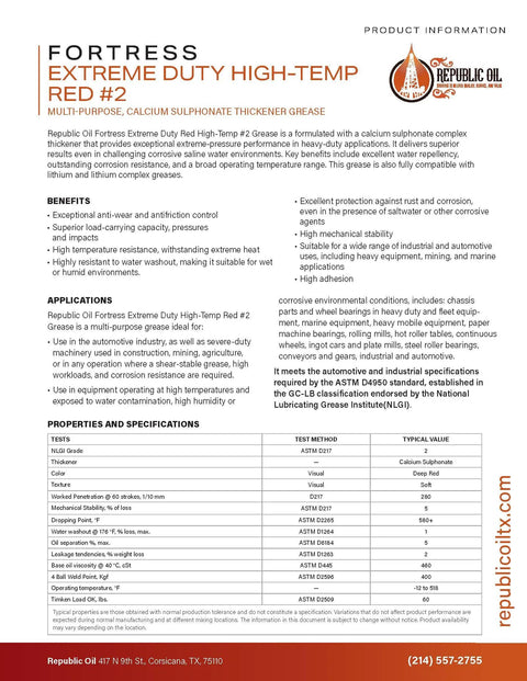 Product sheet for Red High Temp Calcium Sulfonate Multi Purpose Grease, detailing specifications and benefits for heavy equipment use.
