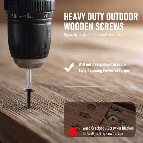Heavy Duty Washer Head Wood Screws Size 14 By 3 Inch Structural Lag Fasteners for Timber Logs being installed with a drill.