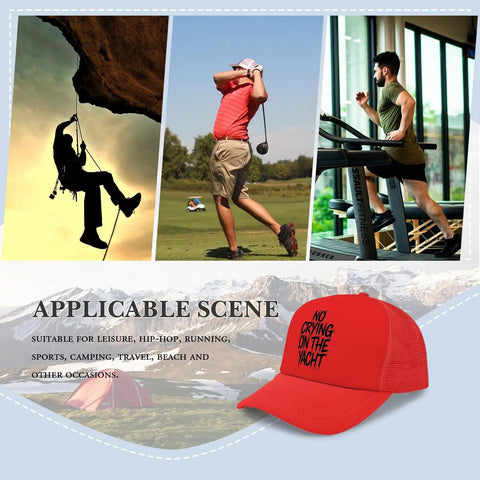 No Crying On The Yacht Distressed Red Adjustable Sun Hat for Men And Women shown with sports and leisure activities background.