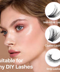 Profile view showing woman with various lash types, highlighting suitability for Latex Free Lash Glue For Sensitive Eyes With Lash Bond And Seal Kit Strong Hold Cluster Adhesive Keeps Lashes In Place All Day Dust And Oil Protection For Flawless Long Lasting Lash Extensions.