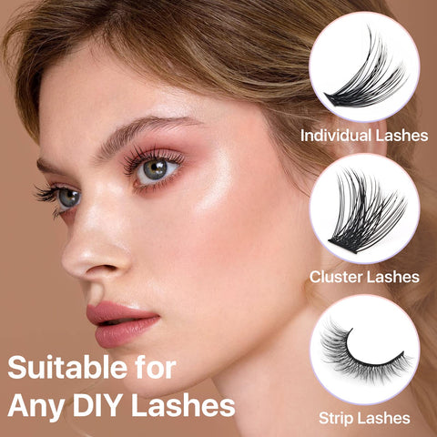 Profile view showing woman with various lash types, highlighting suitability for Latex Free Lash Glue For Sensitive Eyes With Lash Bond And Seal Kit Strong Hold Cluster Adhesive Keeps Lashes In Place All Day Dust And Oil Protection For Flawless Long Lasting Lash Extensions.