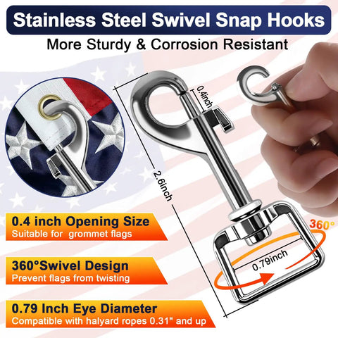 Detailed view of stainless steel swivel snap hook showcasing dimensions and features from 100 Ft Nylon Flag Pole Rope Kit 5/16 Inch Halyard Replacement With 4 Zinc Alloy Snap Hooks And Clips, Heavy Duty Outdoor Rope For Flags, Camping, Swing And Clothesline Built To Last.