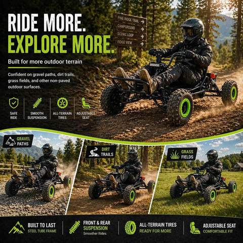 Off Road Electric Go Kart For Teens And Adults With 48V 2000W Brushless Motor Peak 2500W on gravel path with helmeted rider