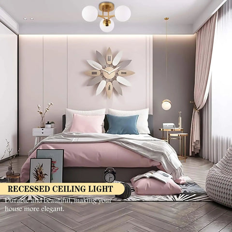 Cool Three Light Globe Sputnik Ceiling Light In Gold Finish With Milk Glass Shades illuminating a modern bedroom interior.