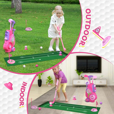 Toddler Golf Set For Kids Aged 2 To 4 Boys And Girls Upgraded Golf Clubs With Cart Putting Mat Indoor Outdoor Play Toy Safe Durable Plastic Pink Birthday Gift