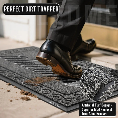 Person wiping shoes on Tough As Nails Heavy Duty Welcome Mat For Home Entrance Indoor Outdoor Front Porch Door Mat 29.5x17 Waterproof Low Profile Dirt Trapper For Mud Dust Sand Patio Garage Office, showing dirt removal.