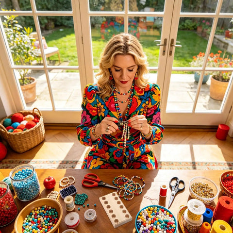 Woman crafting at a table with Wood Pliers Holder With Multi Slot Rack For Beading Tools And Hand Tools Durable Bead Tool Organizer.