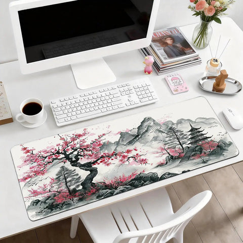 XL Desk Pad With Silky Smooth Surface And Exquisite Patterns, 31.5 By 11.8 Inches Large Mouse Pad For Extended Gaming, on white desk setup