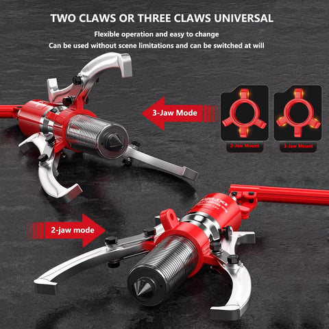 50 Ton Hydraulic Gear Puller Kit With 3 Jaw And 2 Jaw Sets showing 3-jaw and 2-jaw modes, red and silver heavy duty tools