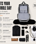 Open hydration backpack with 2L BPA free water bladder, showcasing 15L capacity, waist pockets, and helmet holder for outdoor adventures.