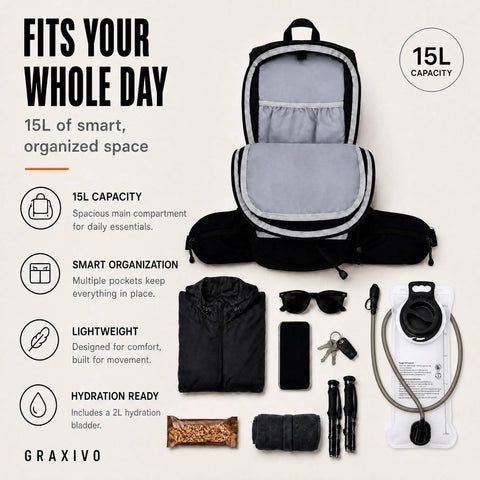 Open hydration backpack with 2L BPA free water bladder, showcasing 15L capacity, waist pockets, and helmet holder for outdoor adventures.