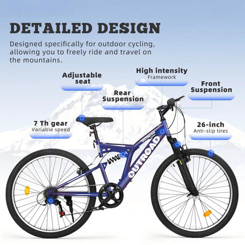 All Terrain Mountain Hybrid Bike With 26 Inch Steel Frame 7 Speed MTB Bicycle Front Suspension Fork Adjustable For Men And Women Dope Trail Grip Durable Tires Purple on mountain backdrop
