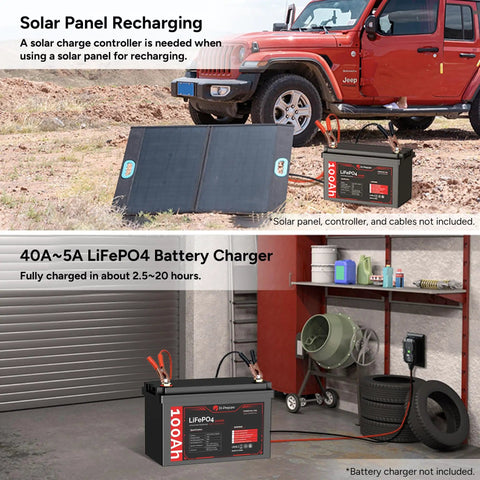Heavy-Duty 12V 100Ah LiFePO4 Deep Cycle Battery With 100A BMS for solar panel recharging and garage charging setup