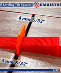 Tile leveling clips and spacers, 4 mm, for Pro Grade Tile Leveling System with 600 Spacers, wall and floor install visible on tile surface