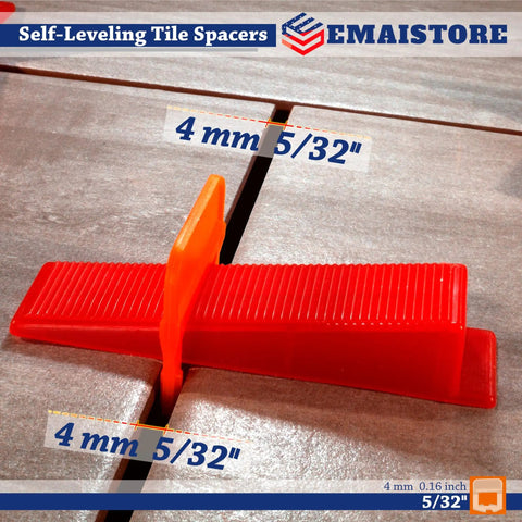Tile leveling clips and spacers, 4 mm, for Pro Grade Tile Leveling System with 600 Spacers, wall and floor install visible on tile surface