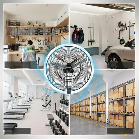 Heavy Duty 24 Inch Industrial Grade Wall Mount Fan With Remote Control 8 Speeds And 8690 CFM High Velocity Airflow Oscillating Shop Fan With Timer For Gym Garage Patio Outdoor Use displayed in various settings