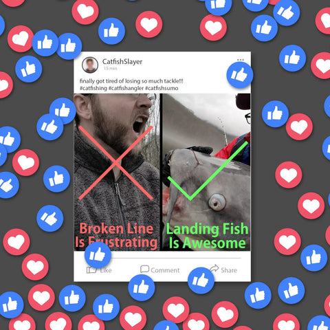 Social media post contrasting broken fishing line frustration and successful fish landing with Flat No Roll Lead Sinkers.