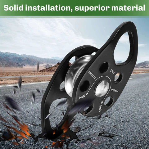 Zipline Speed Pulley 28KN Climbing Pulley for rope rescue and backyard zip line setup, showcasing durability and design.