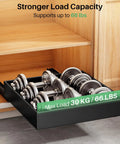 Heavy Duty Slide Out Cabinet Organizer Full Extension Roll Out Shelf With Super Smooth Glide And No Fuss Nano Tape Under Sink Pantry Storage For Kitchen And Bathroom Black, showing weights in organizer.