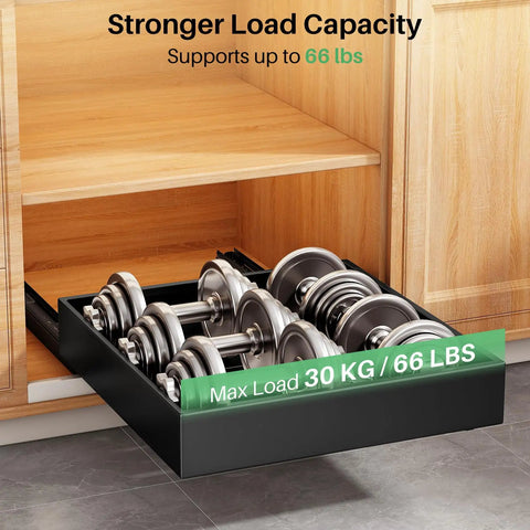 Heavy Duty Slide Out Cabinet Organizer Full Extension Roll Out Shelf With Super Smooth Glide And No Fuss Nano Tape Under Sink Pantry Storage For Kitchen And Bathroom Black, showing weights in organizer.